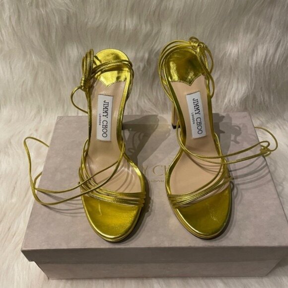 NEW Jimmy Choo Anita 120 Metallic Leather Heel in Acid Yellow heeled sandal 38 8